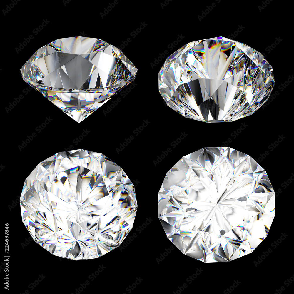 3d diamond, brilliant, precious gem, jewel icon, perspective view, clip art set, isolated on black background Stock Photo | Stock