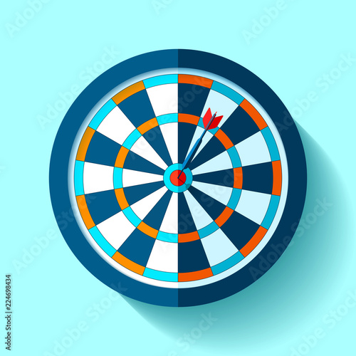Volume Target icon in flat style on color background. Darts game. Arrow in the center aim. Vector design element for you business projects