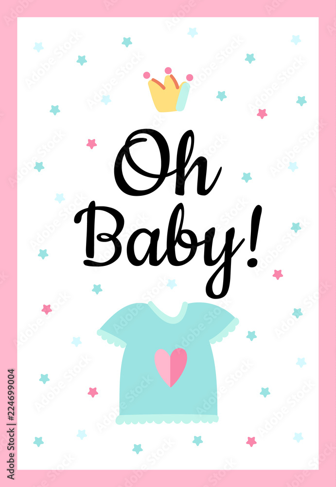 Vector Illustration. Design template card with hand lettering for baby shower. Cute funny dress and crown with different childish elements. Poster for the kid's birthday.