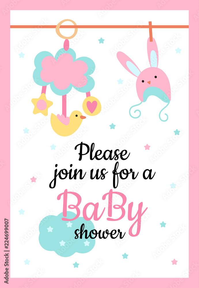 Vector Illustration. Design template card with hand lettering for baby shower. Cute funny bonnet and rattle with different childish elements. Poster for the kid's birthday.