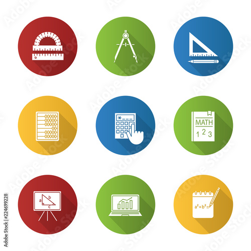 Mathematics flat design long shadow glyph icons set