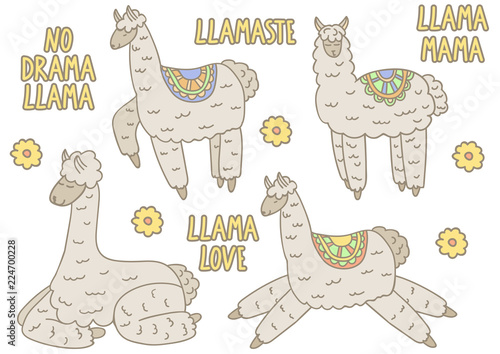 Lama. A set of cute llamas. Hand drawing style. Ideal for children's products, postcards, stickers.