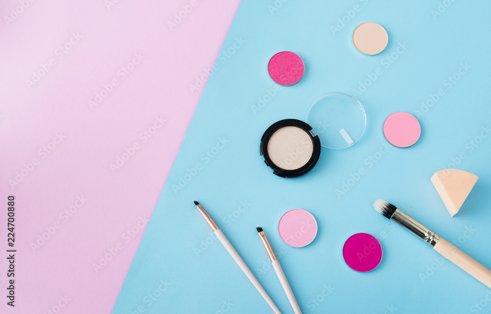 set of decorative cosmetics, top view, free space set of decorative cosmetics, top view, free space