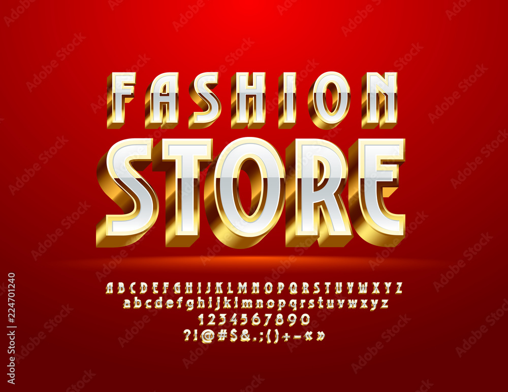 Vector luxury White and Golden Logo Fashion Store. Chic bright Font. Elite 3D Alphabet Letters, Numbers and Symbols.