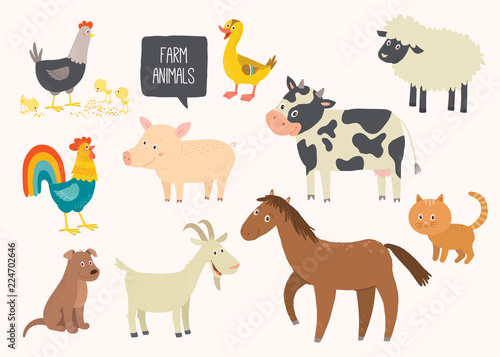 Set of cute farm animals. Horse, cow, sheep, pig, duck, hen, goat, dog, cat, cock. Cartoon vector hand drawn eps 10 childrens illustration isolated on white background.