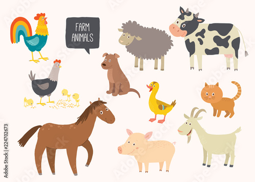 Set of cute farm animals. Horse, cow, sheep, pig, duck, hen, goat, dog, cat, cock. Cartoon vector hand drawn eps 10 childrens illustration isolated on white background.