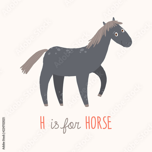 Cartoon black horse. H is for Horse. Cartoon vector hand drawn eps 10 childrens illustration isolated on white background.