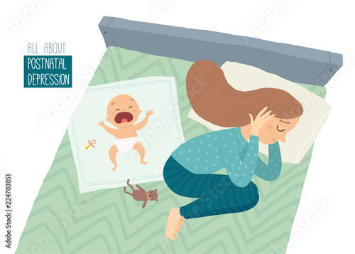 Postpartum depression. Postnatal depression. Depressed young woman lying on the bed with a crying baby.