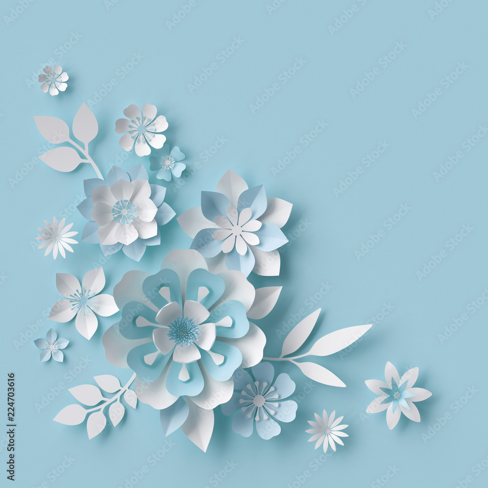 3d render, abstract white paper flowers, pastel blue background, floral corner decor