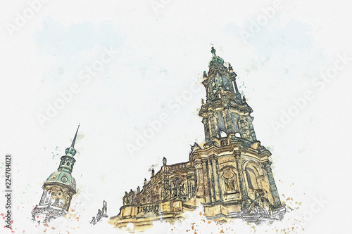 A watercolor sketch or illustration. Court Catholic Cathedral of Dresden in the town square. One of the sights of the city. It was built in the 16th century. Dresden, Germany.