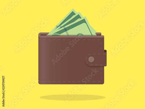 Brown wallet with green paper money Online payment concept. Vector Icon