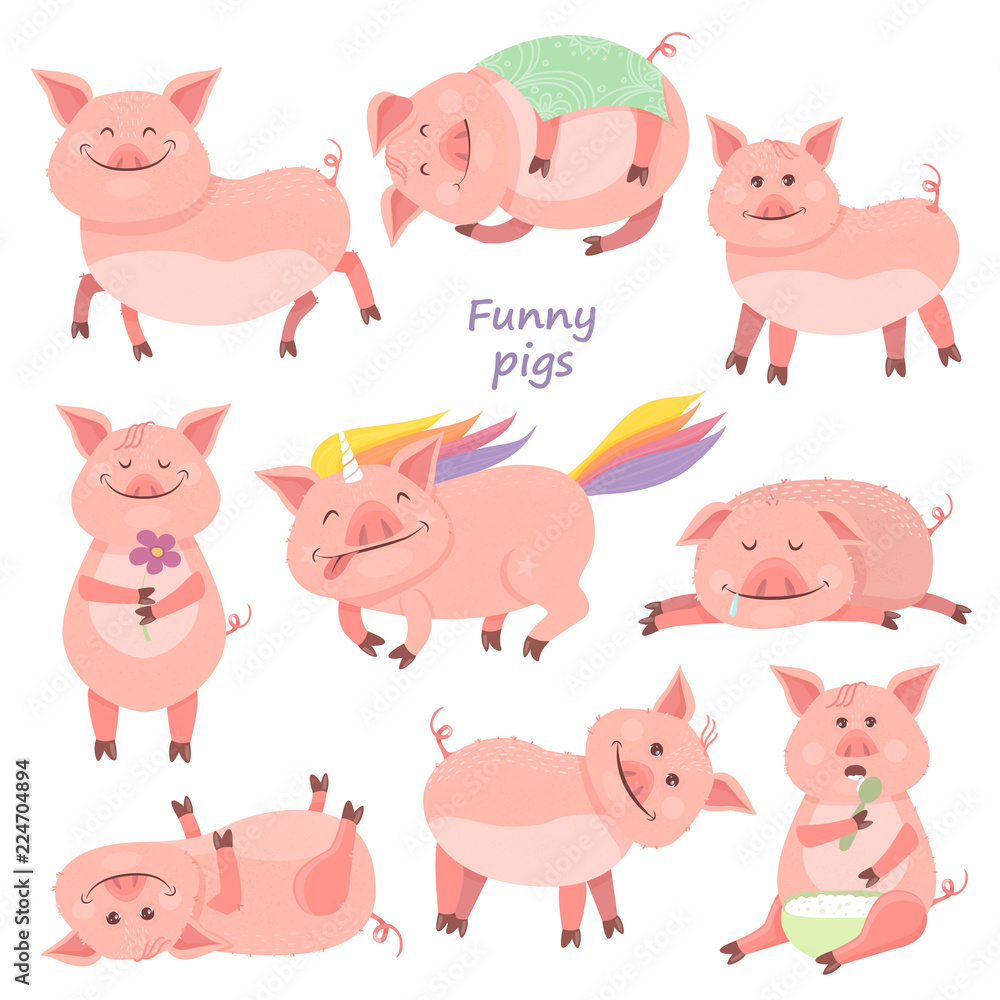 Set of Funny Piggy symbol 2019 new year. Piglet smiles, sits, lies, eats porridge, sleeps, pig unicorn. Set of Funny Piggy symbol 2019 new year. Piglet smiles, sits, lies, eats porridge, sleeps, pig unicorn.