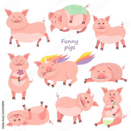 Set of Funny Piggy symbol 2019 new year. Piglet smiles, sits, lies, eats porridge, sleeps, pig unicorn.