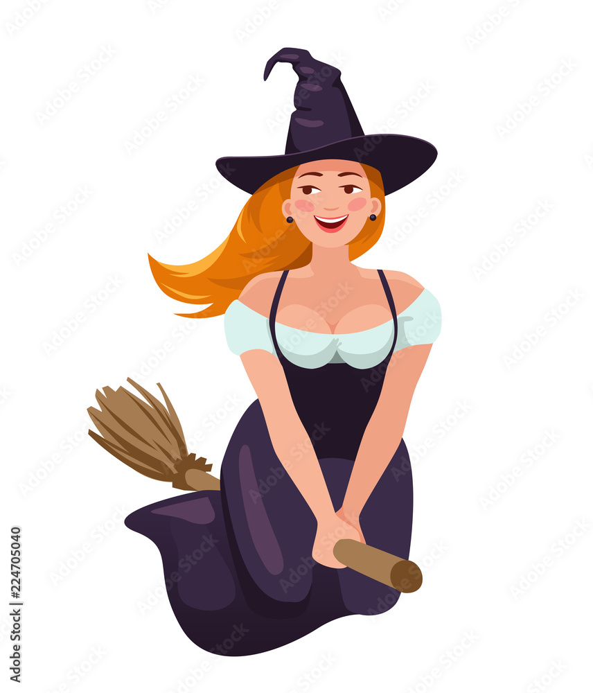 beautiful redhead witch flying on a broom. cartoon vector illustration  Stock Vector | Adobe Stock