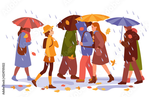 crowd of people with umbrellas walk under the rain. Autumn cartoon vector illustration