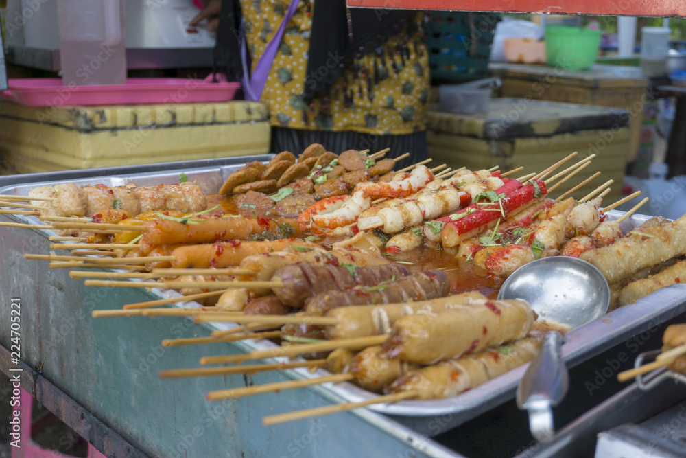 Thailand assorted sausage, fish cake on a skewer