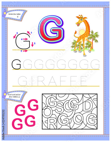 Worksheet for kids with letter G for study English alphabet. Logic puzzle game. Developing children skills for writing and reading. Vector cartoon image.