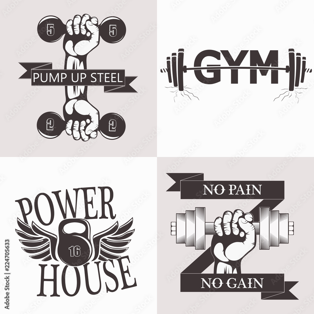 Obraz premium Set of bodybuilding emblems. Sport equipment. Vector illustration