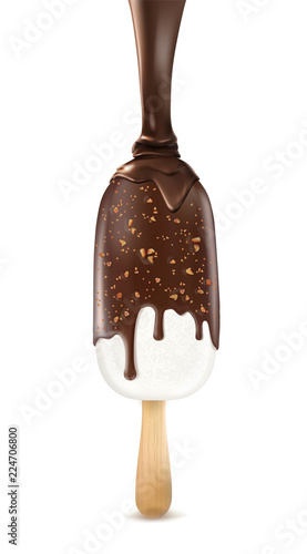 white ice cream is poured with chocolate sauce. Vector illustration