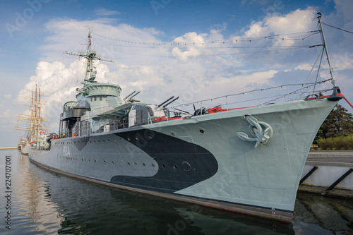 Ship museum Grom class destroyer ORP Blyskawica (Thunderbolt) in Port of Gdynia city, Poland.
