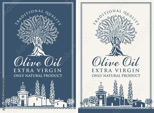 Vector banner or label for extra virgin olive oil with olive tree  calligraphic inscription and with Italian countryside landscape in retro style.