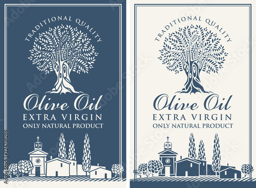 Vector banner or label for extra virgin olive oil with olive tree, calligraphic inscription and with Italian countryside landscape in retro style.