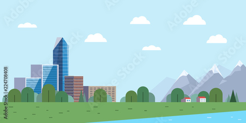 Urban landscape and mountains with snowy peaks, village houses among the trees with a lake. Horizontal vector illustration in flat style