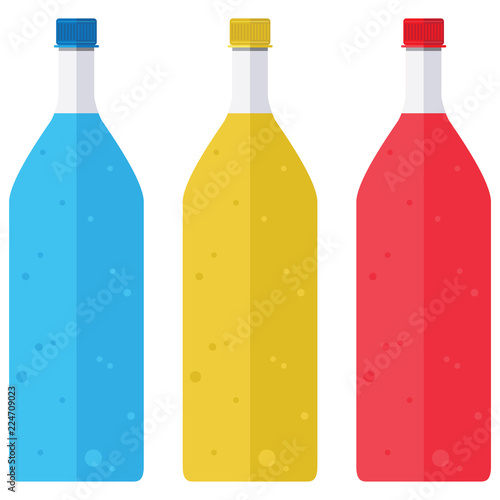 Bottles of fruit juice and soda bottles are beautiful colors. Bottle of water isolated on white background.