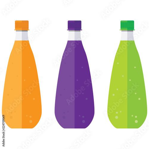 Bottles of fruit juice and soda bottles are beautiful colors. Plastic bottle of water isolated on white background.