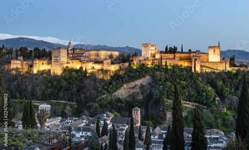 Evening mood, Alhambra on the Sabikah hill, Moorish citadel, Nasrid palaces, Palace of Charles the Fifth, behind Sierra Nevada with snow, Granada, Andalucia, Spain, Europe photo