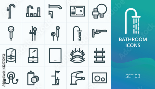 Bathroom icons set. Set of hand shower, bidet faucet, board mounted faucet, bathroom furniture