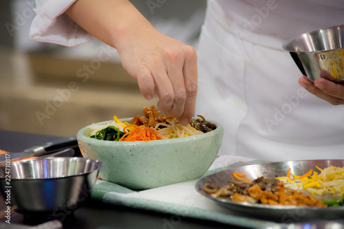 Bibimbap, Korean food, Chef preparing food, meal, chef cooking in kitchen