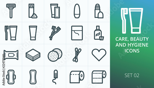 Hygiene and personal care products set icons. Set of razor, shaving foam, depilation strips, deodorant, oral care, feminine pads and tampon isolated vector icons