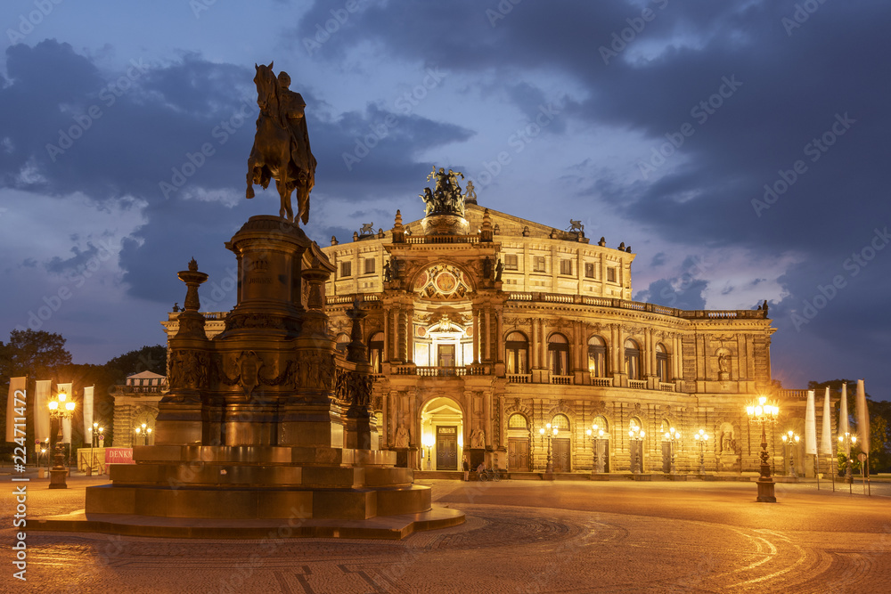 King John Memorial, in front of the Semperoper Opera House at night, Dresden, Saxony, Germany.