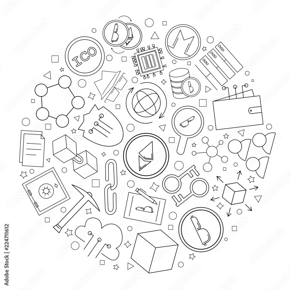 Blockchain circle background from line icon. Linear vector pattern. Vector illustration
