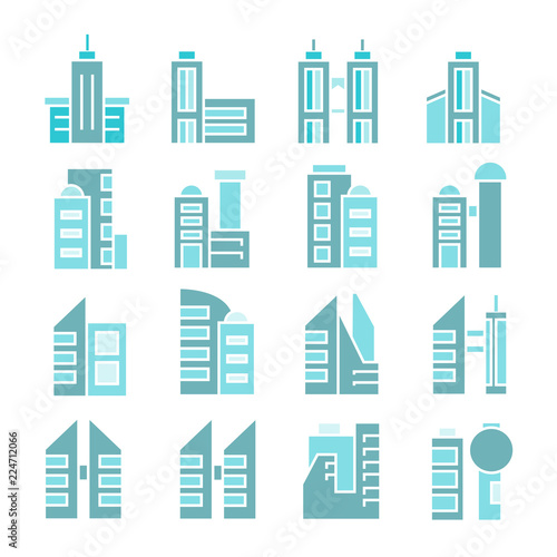 building and tower icons  blue color theme
