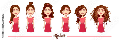 Flat vector set. women with various trendy hairstyles. Elements for poster of hairdressing salon.Beautiful hairstyle brown long hair of female. trendy haircut. vector. isolated on white background.