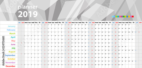 Calendar wall planner for the 2019 year. Colorful vector set. Template for your design