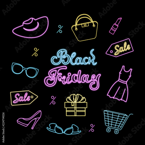 Neon poster for Black Friday. Template design for discount  voucher  shopping banner and seasonal sales.