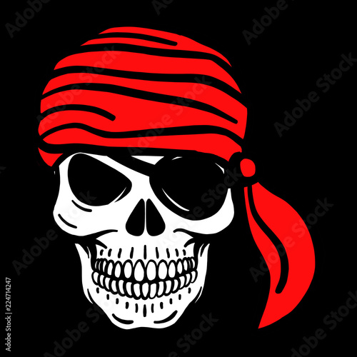 hand drawn vector pirate skull. Pistols, shawls, pirate hat, eye patch, headscarf © Kurt