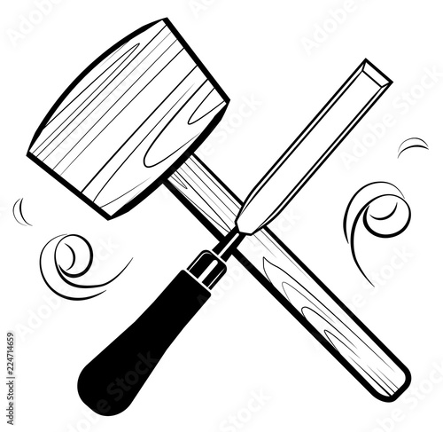 Woodworking and carpentry tools emblem logo vector. Mallet and chisel