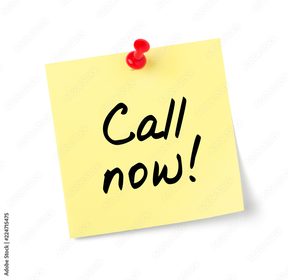 Yellow paper note with text Call now Yellow paper note with text Call now