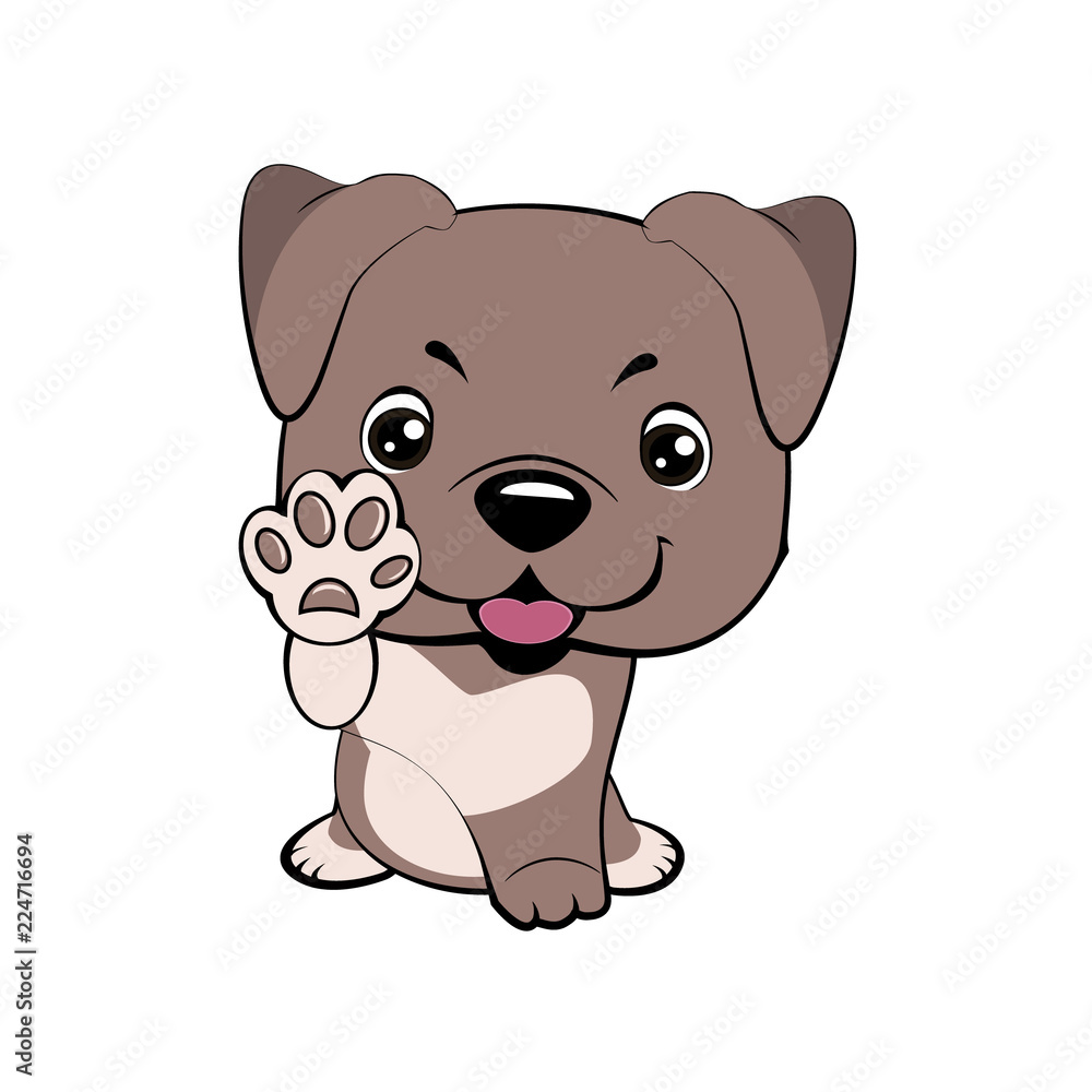 Fototapeta premium Children vector illustration of funny little Sitting puppy dog raised his front paw and looking up. cheerful puppy with a raised paw.