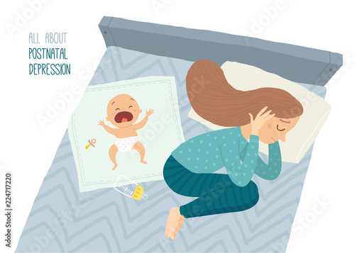 Postpartum depression. Postnatal depression. Baby s blues. Cartoon vector hand drawn eps 10 illustration isolated on white background.