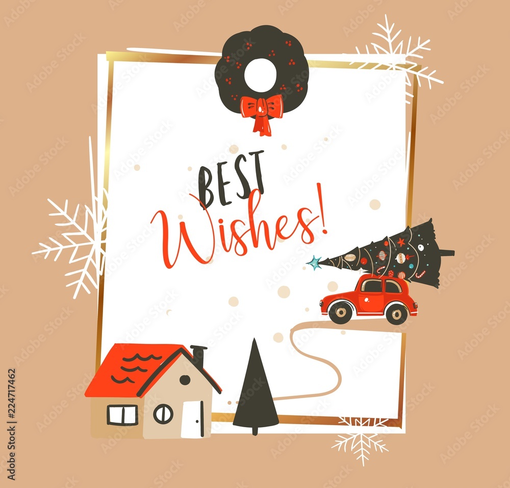 Hand drawn vector abstract Merry Christmas and Happy New Year time vintage cartoon illustrations greeting card template with red car and Xmas tree isolated on white background Hand drawn vector abstract Merry Christmas and Happy New Year time vintage cartoon illustrations greeting card template with red car and Xmas tree isolated on white background