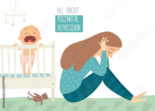 Postpartum depression. Postnatal depression. Baby s blues. Cartoon vector hand drawn eps 10 illustration isolated on white background.