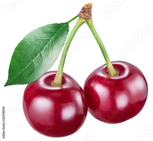 Two cherries with leaf. File contains clipping path.
