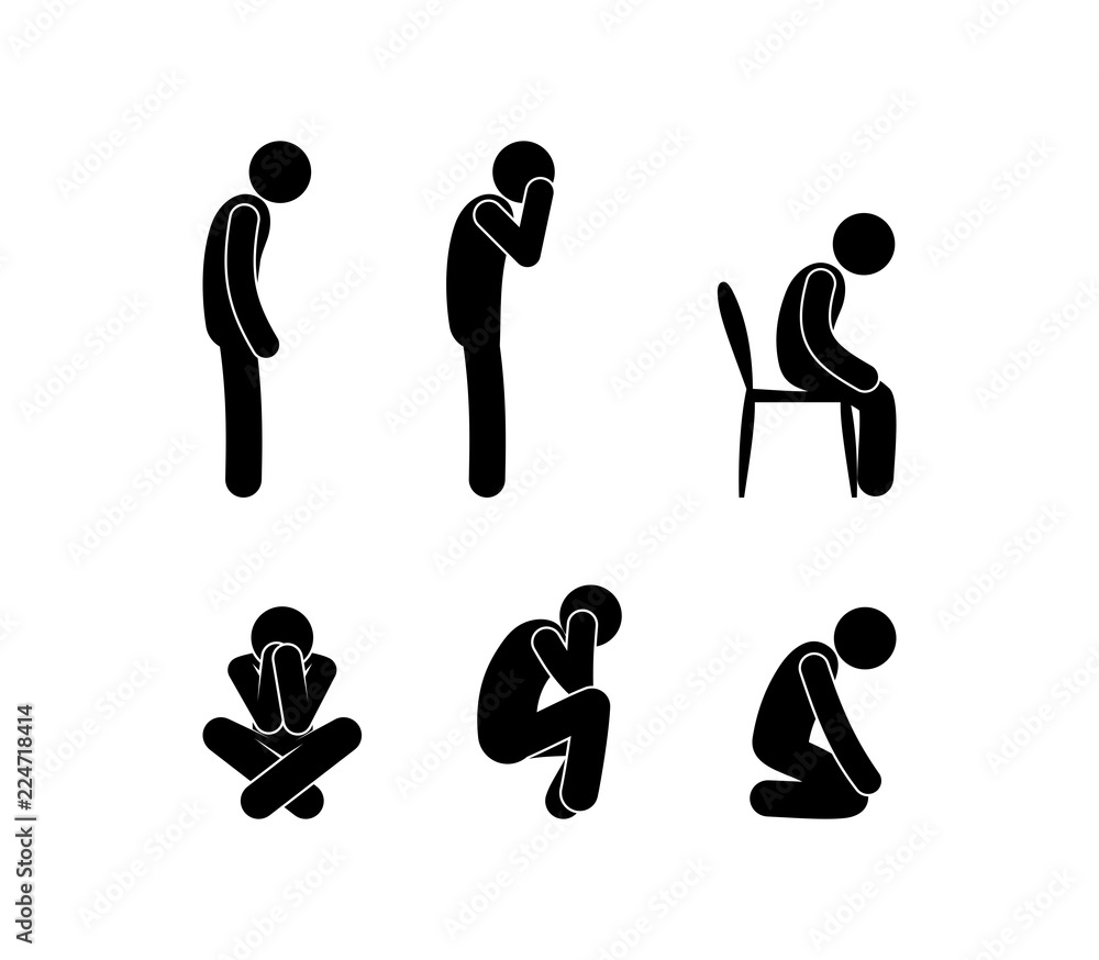 sad people stand and sit, illustration of depression, stick figure man ...