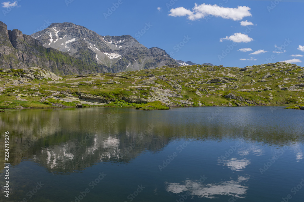 View at Moesola alpine lake near San Bernardino mountain pass, Switzerland.