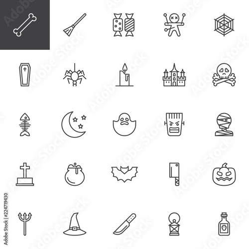 Happy halloween outline icons set. linear style symbols collection, line signs pack. vector graphics. Set includes icons as Bone, Broom, Candies, Voodoo doll, Spider web, Coffin, Skull, Pumpkin, Mummy